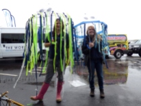Vicky and I testing the jellyfish umbrellas in the rain